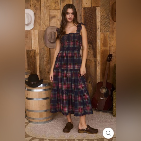 Dresses & Skirts - Plaid Tiered Maxi Dress with Smocked Bodice - Navy/Red NEW